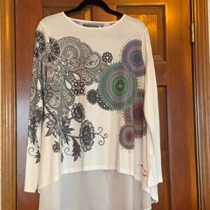 Desigual White Top with Black and Multicolor Patterns